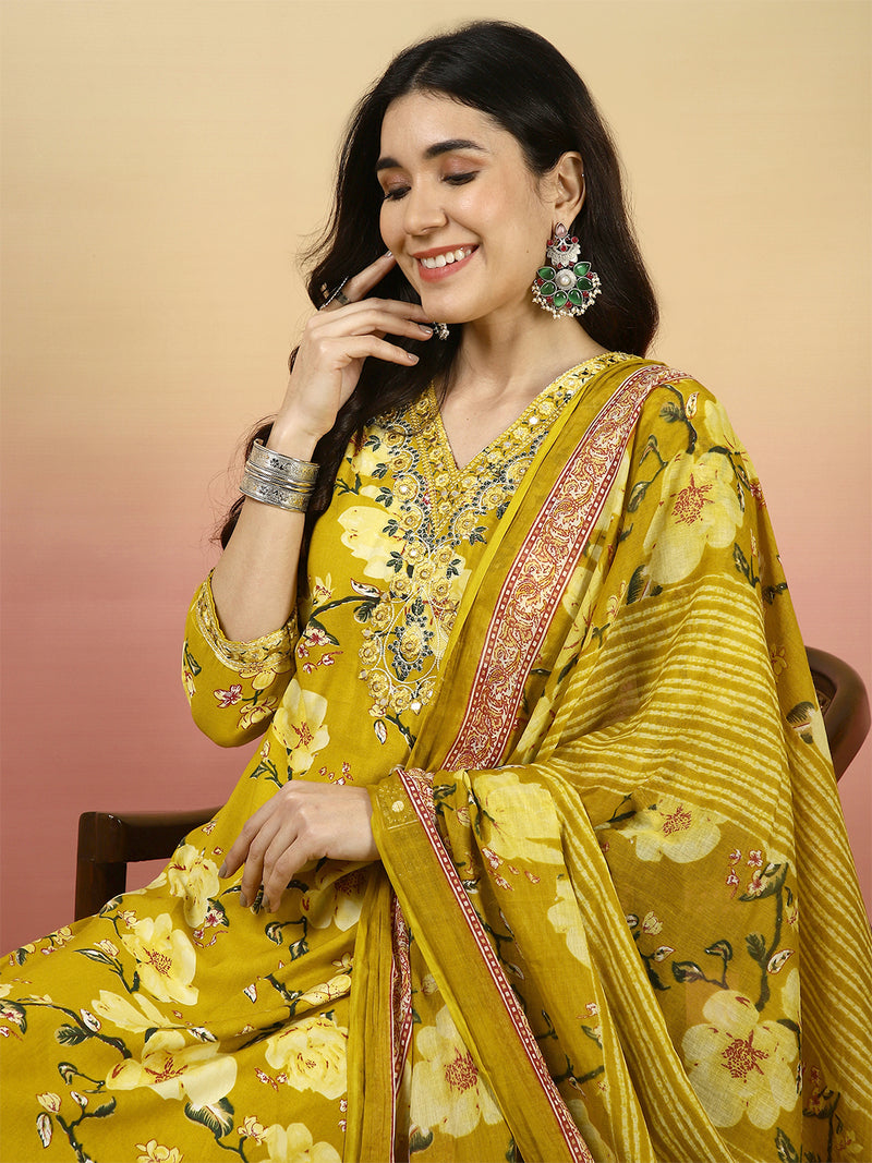 Women Yellow Floral Printed Yoke Embroidery V-neck Kurta with Trouser & Dupatta