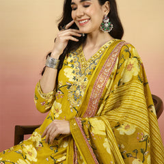 Women Yellow Floral Printed Yoke Embroidery V-neck Kurta with Trouser & Dupatta