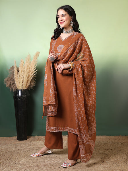 Women Brown Cotton Bandhani Printed Kurta with Trouser & Dupatta