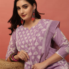 Women Lavender Cotton Printed Round Neck Straight Kurta with Trouser & Dupatta