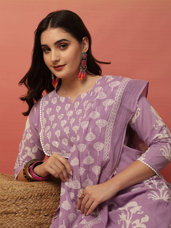 Women Lavender Cotton Printed Round Neck Straight Kurta with Trouser & Dupatta