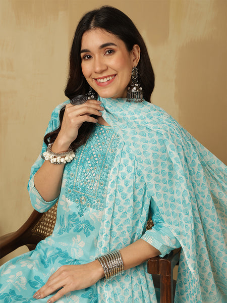 Women Sky Blue Cotton Embroidery Kurta With Trouser & Dupatta