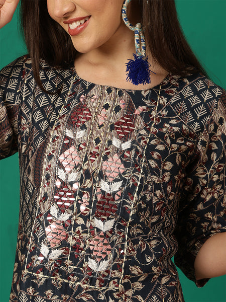Women Navy Blue Foil Printed Kurta With Trouser