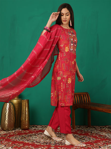 Women Red Yoke Embroidery Kurta with Trouser & Dupatta