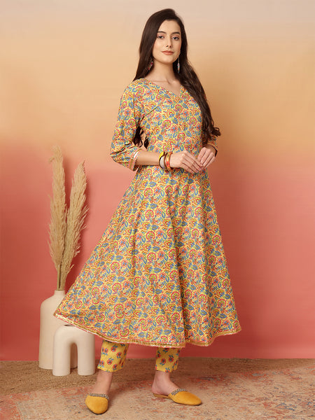 ANAISA Women Mustard Cotton Printed V-neck, Calf Length, 3/4 Sleeves, Anarkali Kurta with Pant & Dupatta