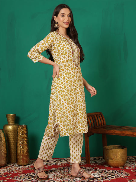 Women Cotton Beige Printed Kurta with Trouser & Dupatta