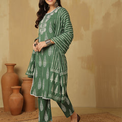 Women Green Regular Wear Kurta With Trouser & Dupatta