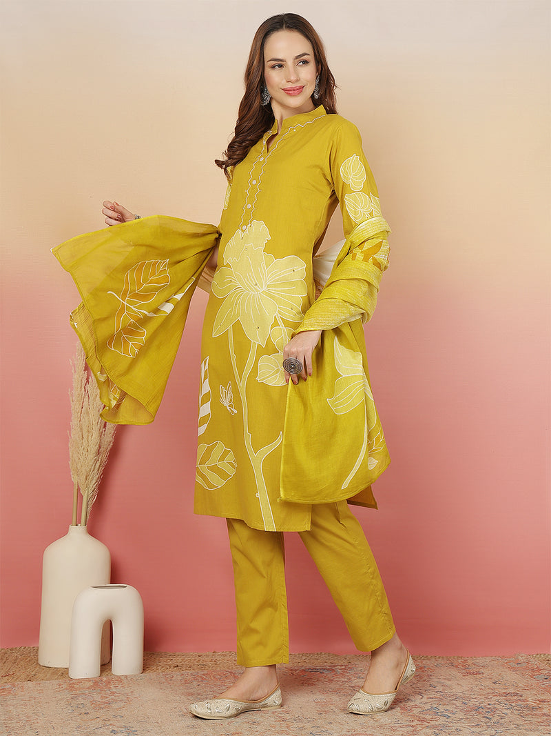 ANAISA Women Cotton Placement Print Straight Kurta with Trouser & Dupatta