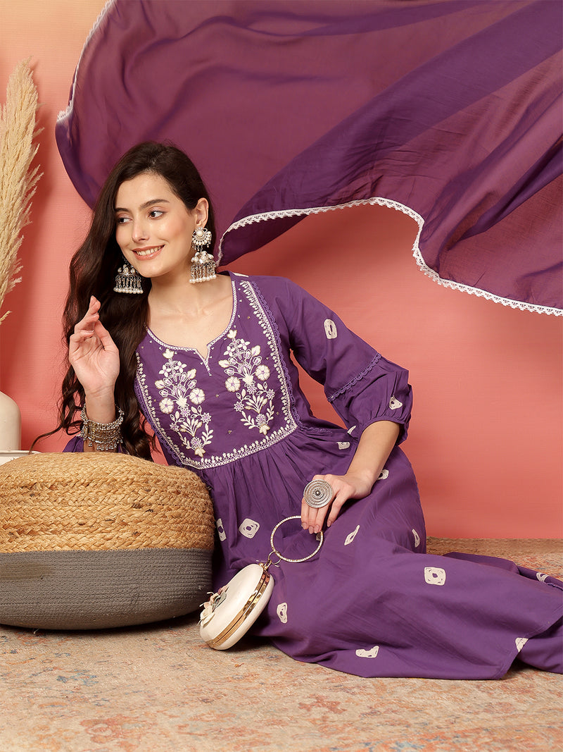 Women Cotton Purple Embroidery Anarkali Kurta with Trouser & Dupatta