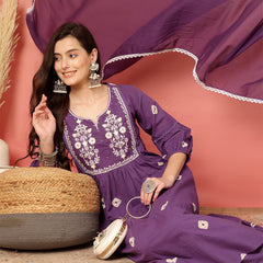 Women Cotton Purple Embroidery Anarkali Kurta with Trouser & Dupatta