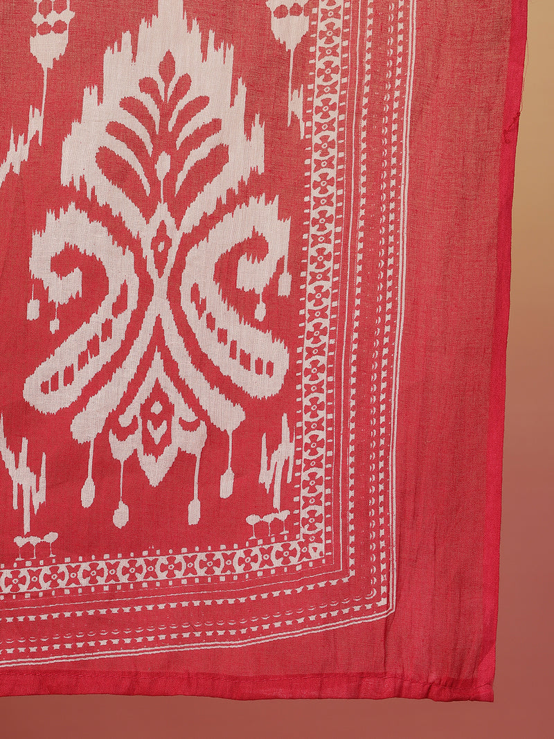 Sangira Women Cotton Printed V-neck, Straight Kurta with Trouser & Dupatta