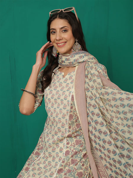 Women Offwhite Cotton Printed, Round Neck, 3/4 Sleeves, Calf Length Kurta with Trouser & Dupatta