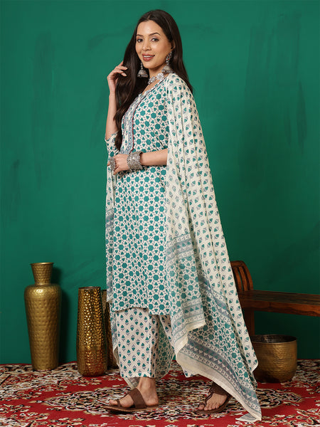 Women Cotton Light Blue Printed Kurta with Trouser & Dupatta