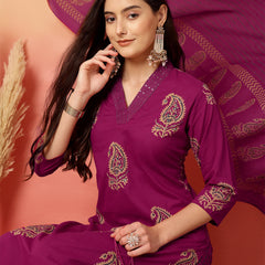 Women Pink Cotton Printed V-neck Straight Kurta with Trouser & Dupatta