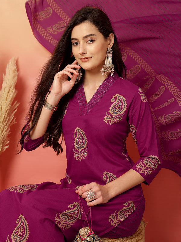 Women Pink Cotton Printed V-neck Straight Kurta with Trouser & Dupatta