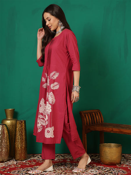 Women Rani Pink Cotton Discharge Printed A-line Kurta With Dupatta
