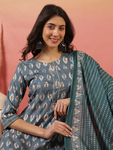 Women Grey Viscose Rayon Discharge Printed Kurta With Trouser & Dupatta