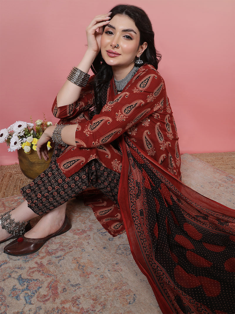 Women Black Block Printed Kurta with Trouser & Dupatta