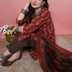 Women Black Block Printed Kurta with Trouser & Dupatta