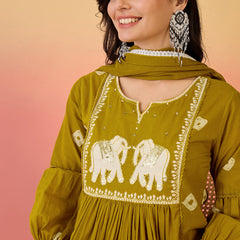 Women Mustard Pure Cotton Embroidery Yoke Anarkali Kurta with Trouser & Dupatta