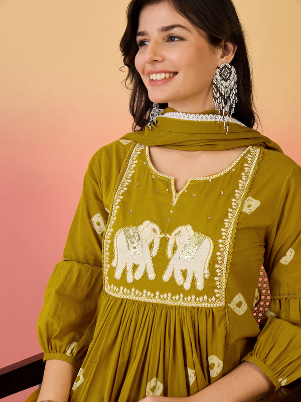 Women Mustard Pure Cotton Embroidery Yoke Anarkali Kurta with Trouser & Dupatta