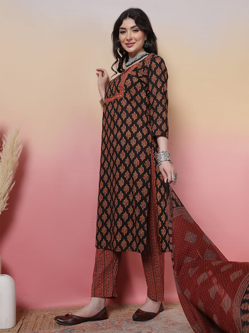 Women Black Cotton Hand Block Printed Kurta with Trouser & Dupatta
