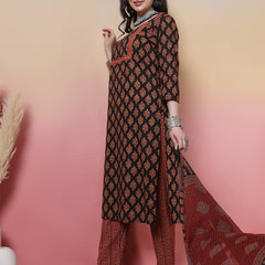 Women Black Cotton Hand Block Printed Kurta with Trouser & Dupatta