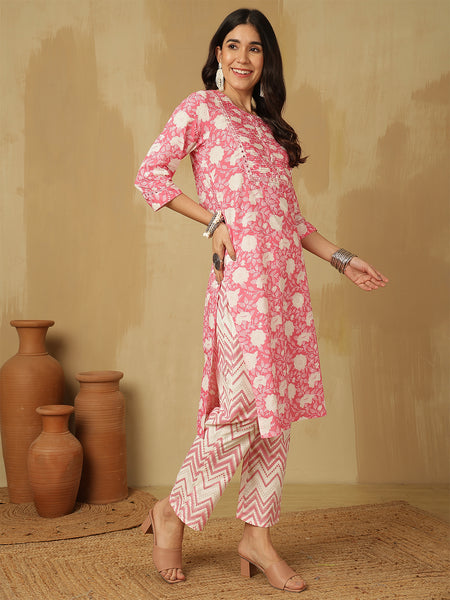 Women Pink Cotton Floral Printed Kurta with Trouser & Dupatta