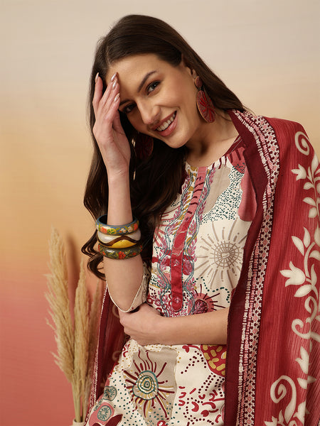 Women Red Digital Printed Kurta With Trouser & Dupatta