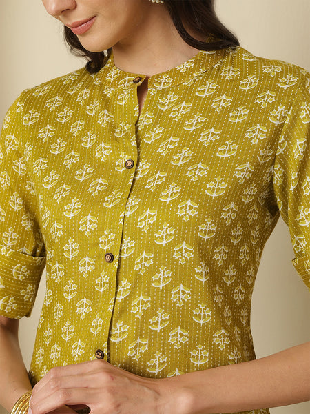 Women Mustard Katha A-line Kurta with Trouser