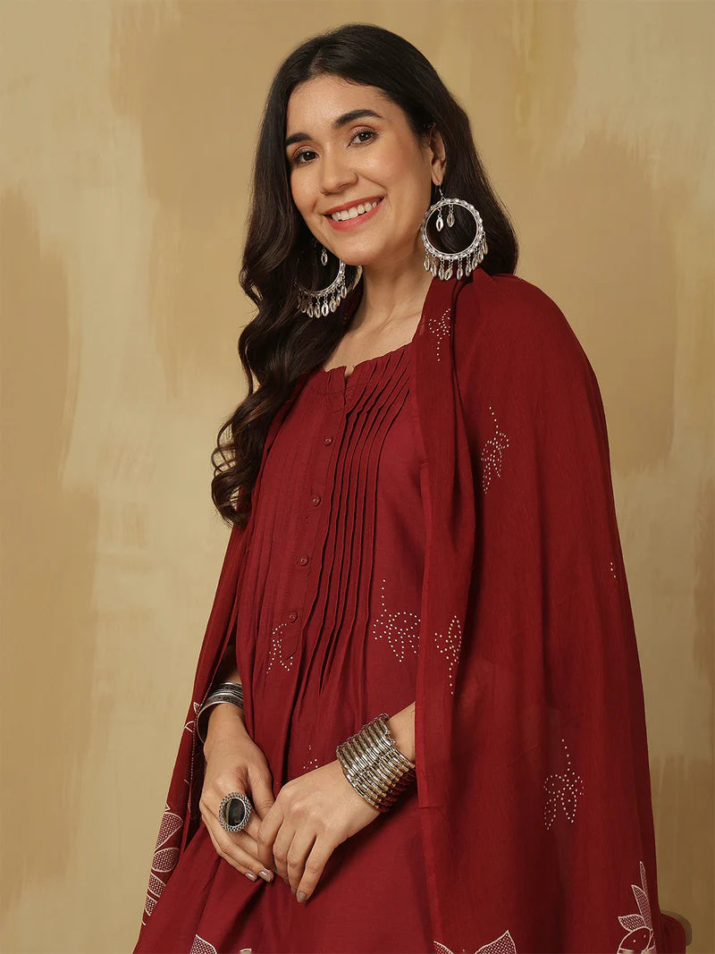 Women Cotton Discharge Printed A-line Kurta with Trouser & Dupatta