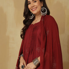 Women Cotton Discharge Printed A-line Kurta with Trouser & Dupatta