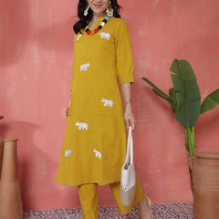 Women Mustard Solid Cotton A-line Kurta with Palazzo Set