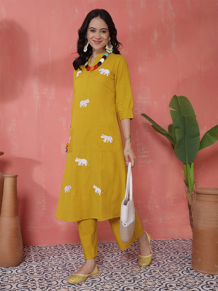 Women Mustard Solid Cotton A-line Kurta with Palazzo Set