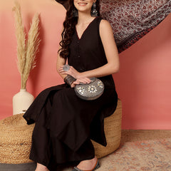 ANAISA Women Black Solid V-neck, Sleeveless, Calf Length Straight Fit Kurta with Palazzo & Dupatta