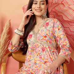 ANAISA Women Cotton Pink Color Printed Lace Work V-neck Anarkali Kurta with Pant & Dupatta