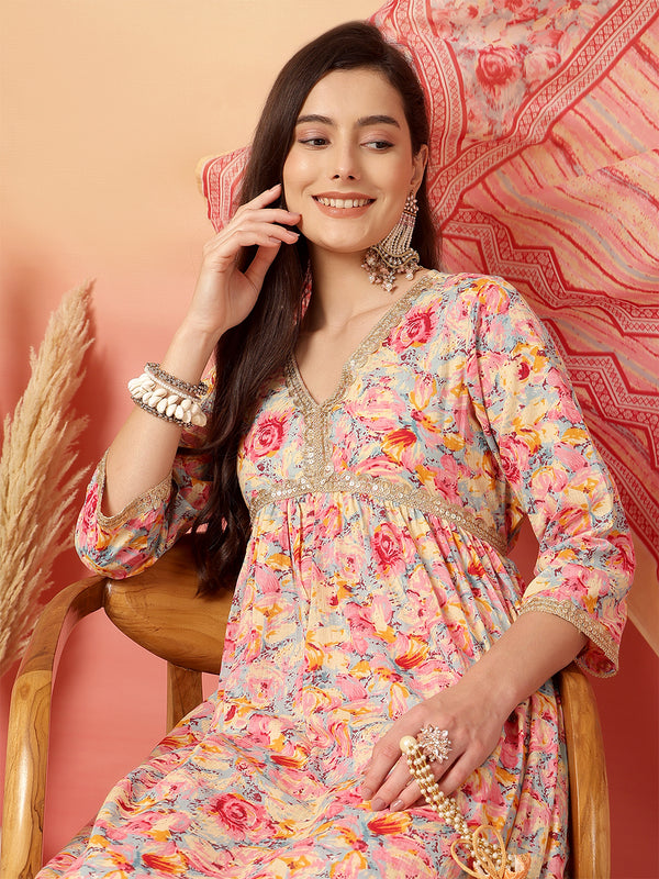 ANAISA Women Cotton Pink Color Printed Lace Work V-neck Anarkali Kurta with Pant & Dupatta