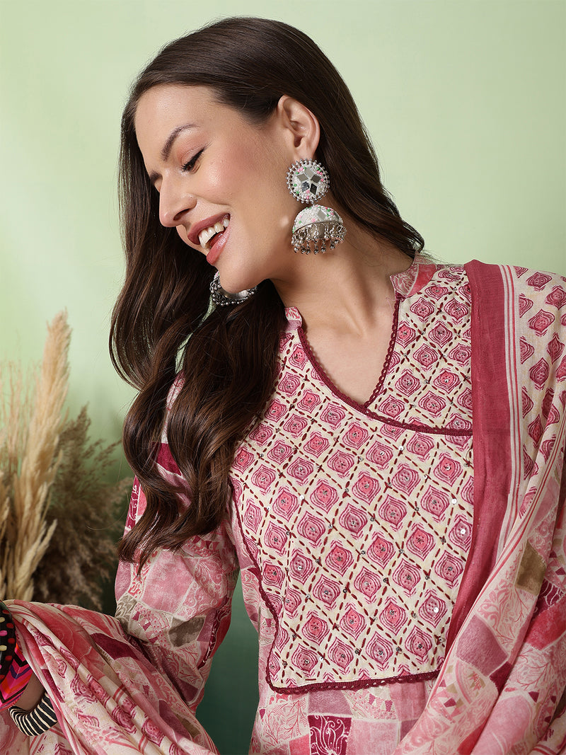 Women Pink Digital Printed V-neck Kurta with Trouser & Dupatta