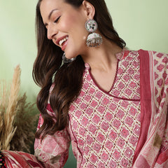Women Pink Digital Printed V-neck Kurta with Trouser & Dupatta