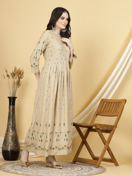 Women Beige Party wear maxi length ethnic gown dress