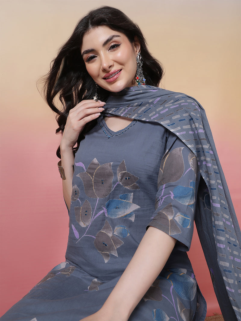 Women Coral Cotton Placement Printed Hand Work Kurta with Trouser & Dupatta