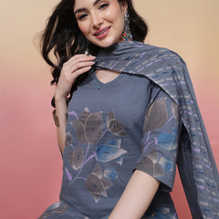 Women Coral Cotton Placement Printed Hand Work Kurta with Trouser & Dupatta