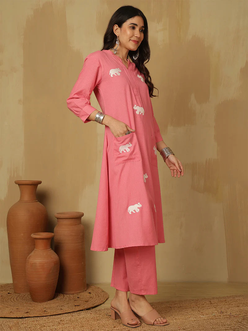 Women Solid Cotton Flex A-line Pocket Kurta with Palazzo Set