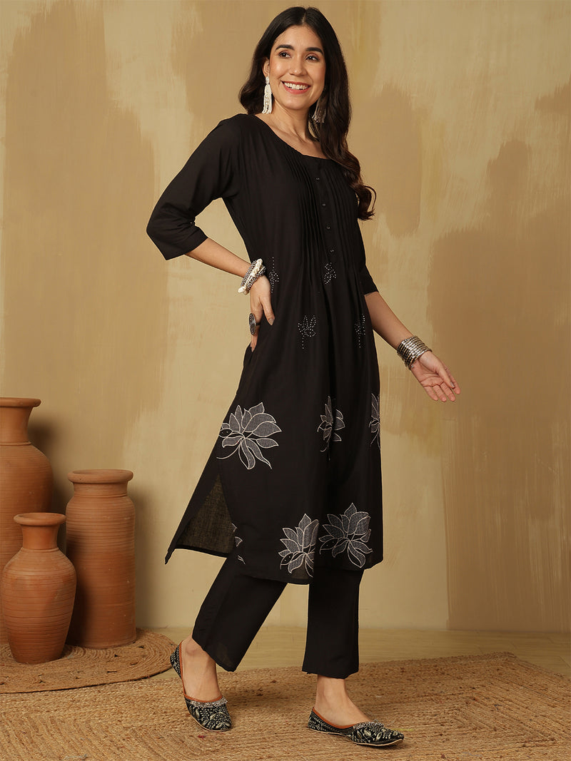 Women Black Cotton Discharge Printed A-Line Kurta With Trouser & Dupatta
