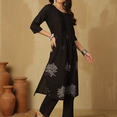 Women Black Cotton Discharge Printed A-Line Kurta With Trouser & Dupatta
