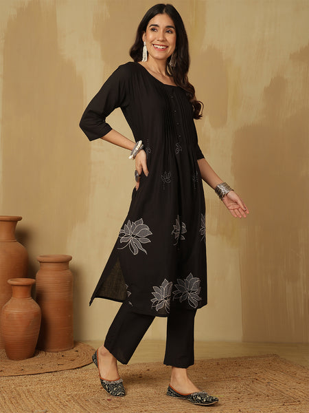 Women Black Cotton Discharge Printed A-Line Kurta With Trouser & Dupatta