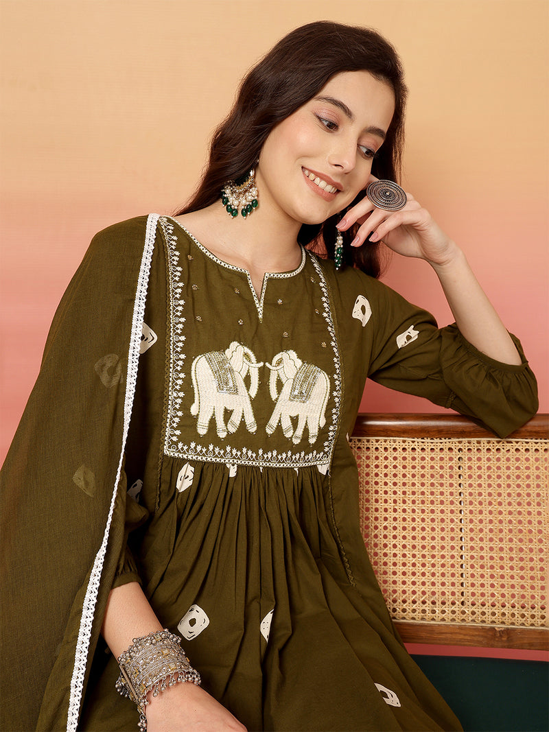 Women Cotton Olive Green Embroidery Anarkali Kurta with Trouser & Dupatta