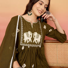 Women Cotton Olive Green Embroidery Anarkali Kurta with Trouser & Dupatta