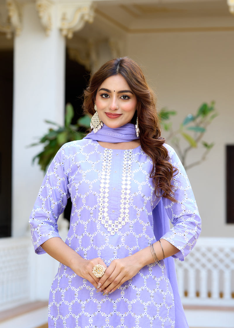 ANAISA Women cotton Schiffli embroidered Kurta with Trouser & Dupatta