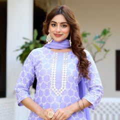 ANAISA Women cotton Schiffli embroidered Kurta with Trouser & Dupatta
